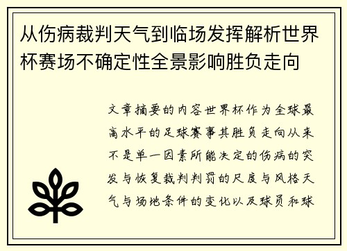 从伤病裁判天气到临场发挥解析世界杯赛场不确定性全景影响胜负走向