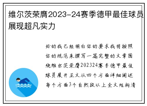 维尔茨荣膺2023-24赛季德甲最佳球员展现超凡实力